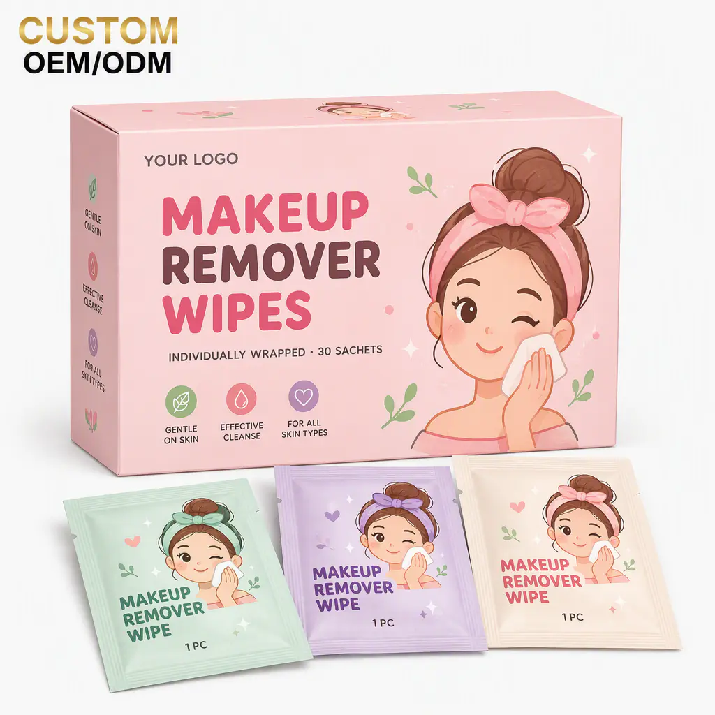 OEM Custom Individually Wrapped Facial Makeup Remover Wipes Alcohol Free Vitamin E Moisturizing Plant Based Cleansing Towelettes