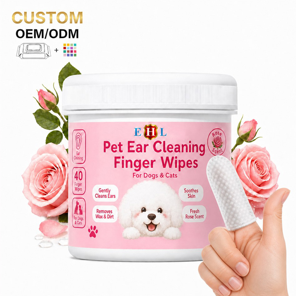 Pet Ear Cleaning Finger Wipes Manufacturer, 40 Count Rose Scented Pads for Dogs and Cats